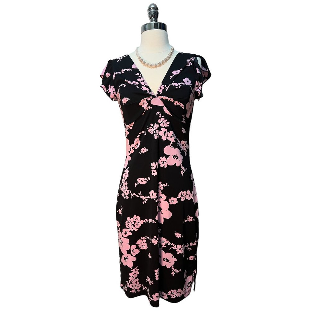 Vintage pale pink and black floral midi dress